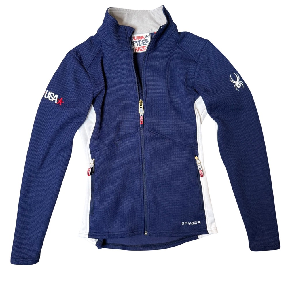 Spyder USA Haze Womens XS‎ Full Zip Waffle Knit Fleece Jacket Navy Blue Team USA